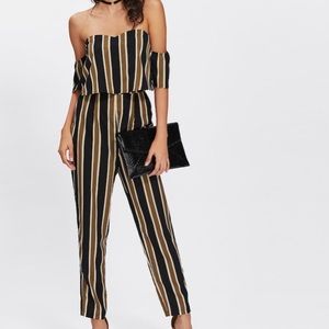 Layered neck striped jumpsuit